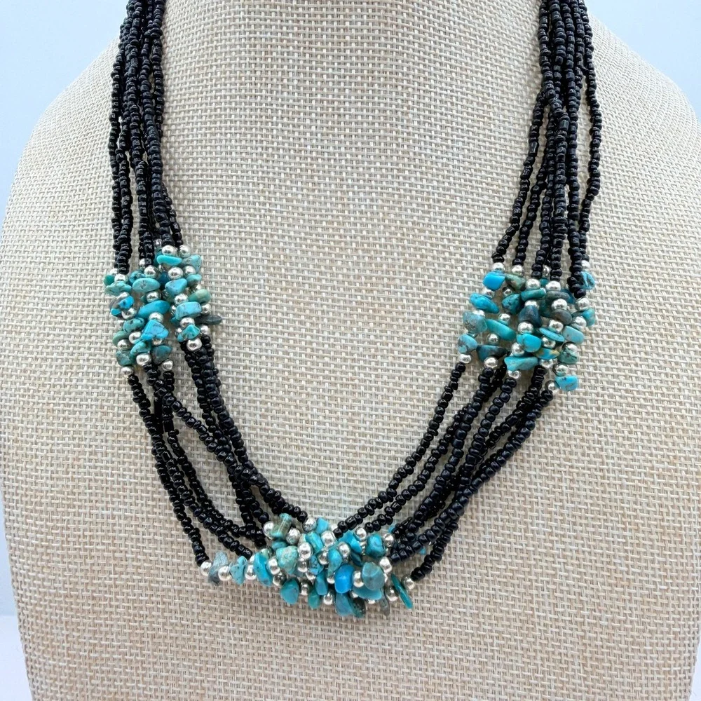 Vintage 90s Multi Strand Turquoise Black Glass Seed Bead Statement Necklace Boho